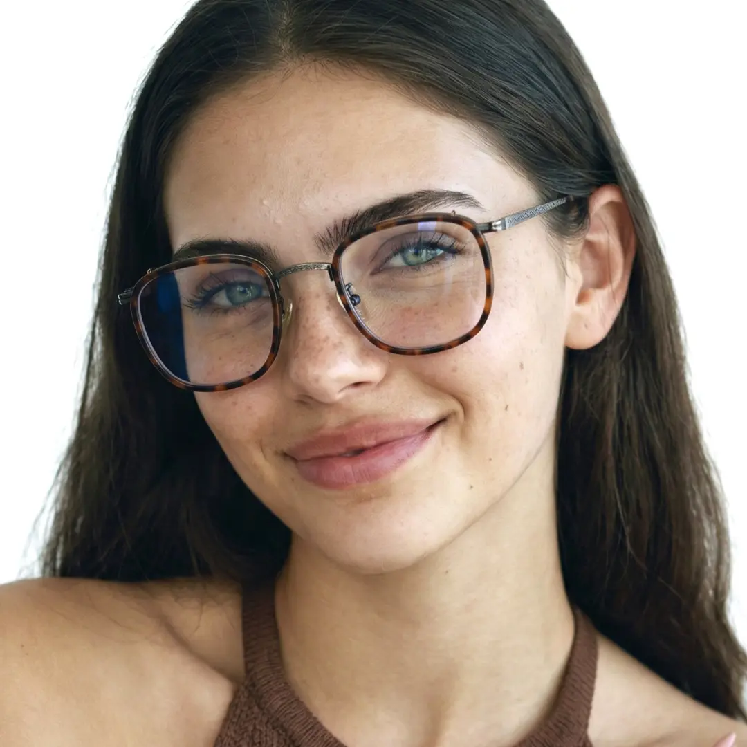 Front view of female wearing vintage tortoise square eyeglasses, natural smile, SM0252302