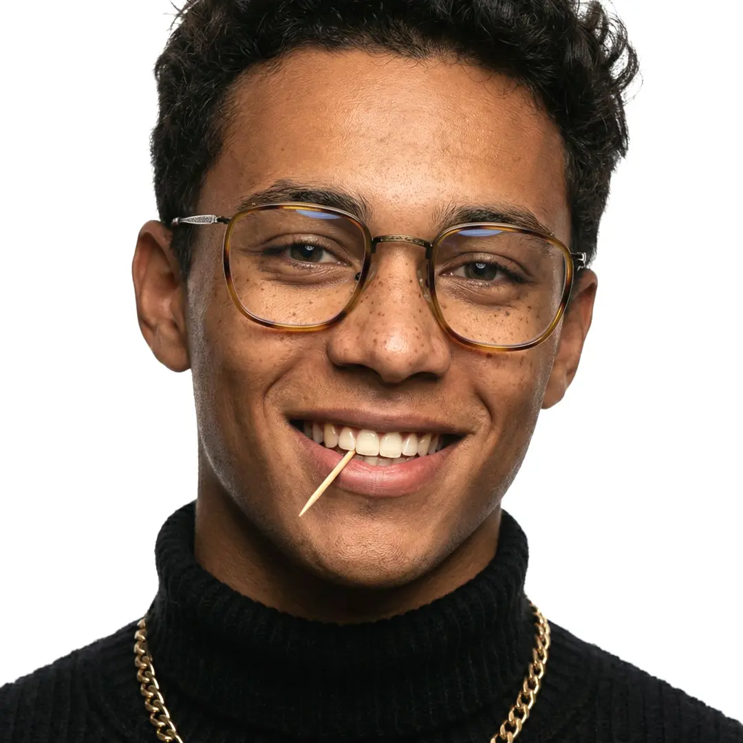 Front view of male wearing vintage yellow tortoise square eyeglasses, smiling, SM0252302