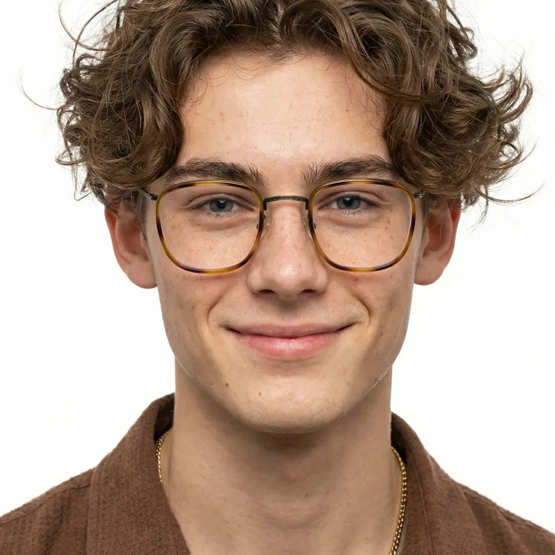 Front view of male wearing vintage yellow tortoise square eyeglasses, friendly smile, SM0252302