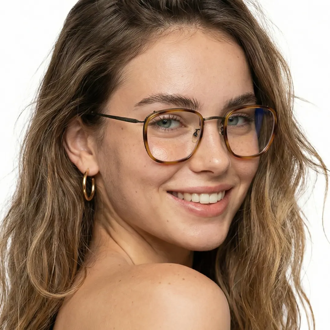 Over-the-shoulder view of female wearing vintage yellow tortoise square eyeglasses, smiling, SM0252302