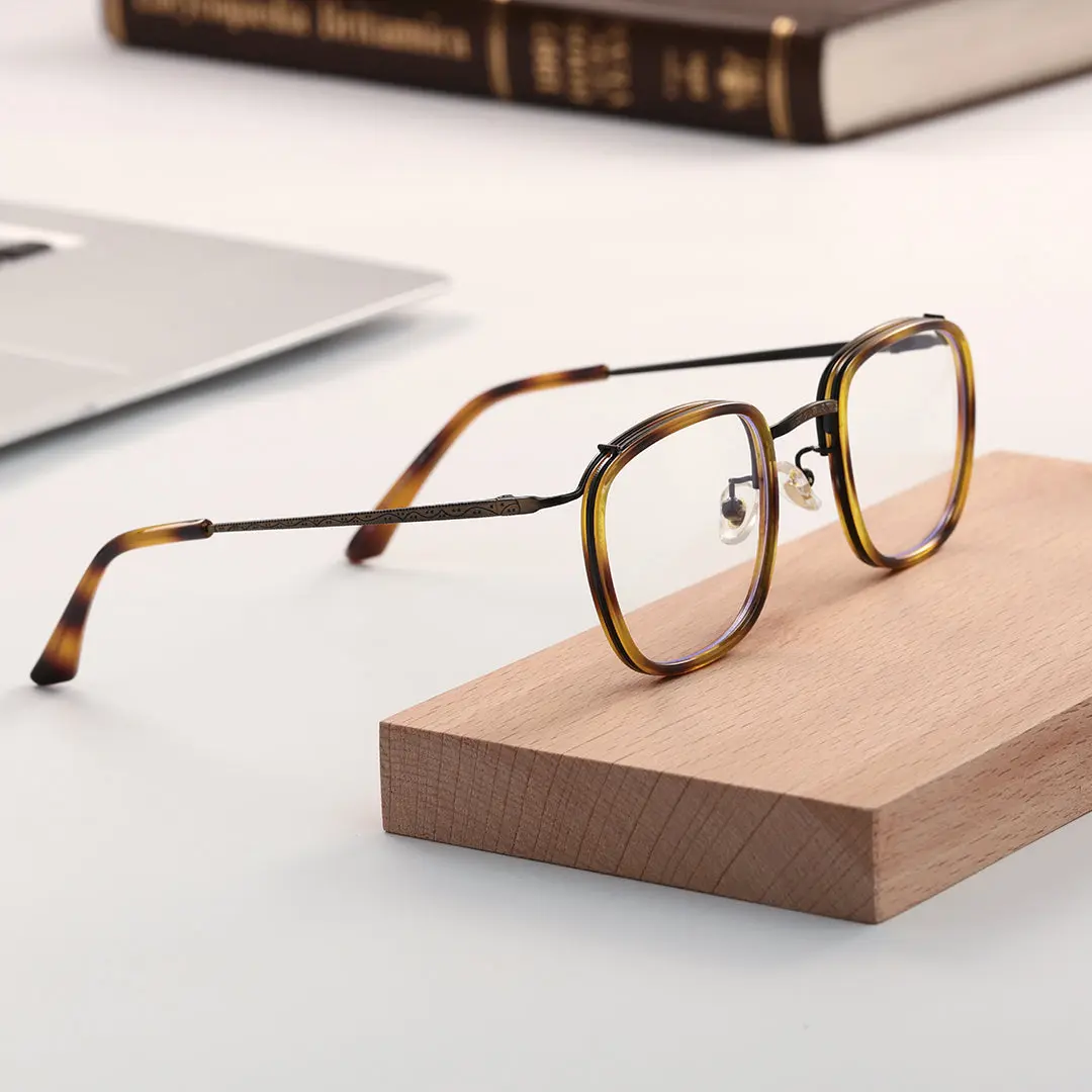 Scene view of Benin vintage square metal eyeglasses SM0252302 in yellow tortoise