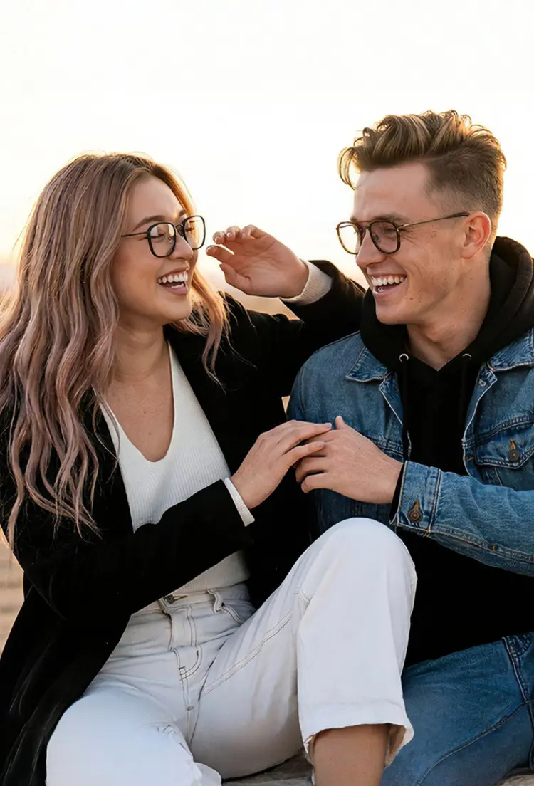 Couple models wearing vintage black tortoise square metal eyeglasses in an outdoor setting with a sunset background. SPU: SM0252302