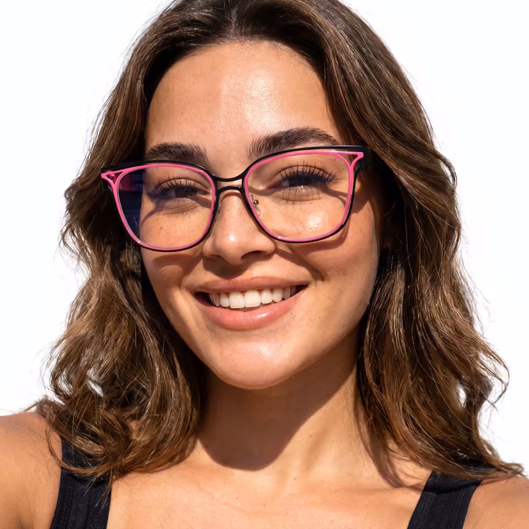Front view of female wearing y2k pink square eyeglasses, smiling, SM0252604