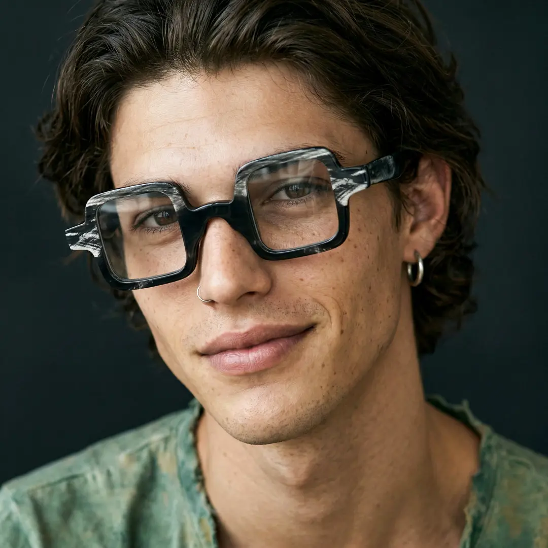 Front view of male wearing black square eyeglasses, tilting head, soft smile, SO0032601