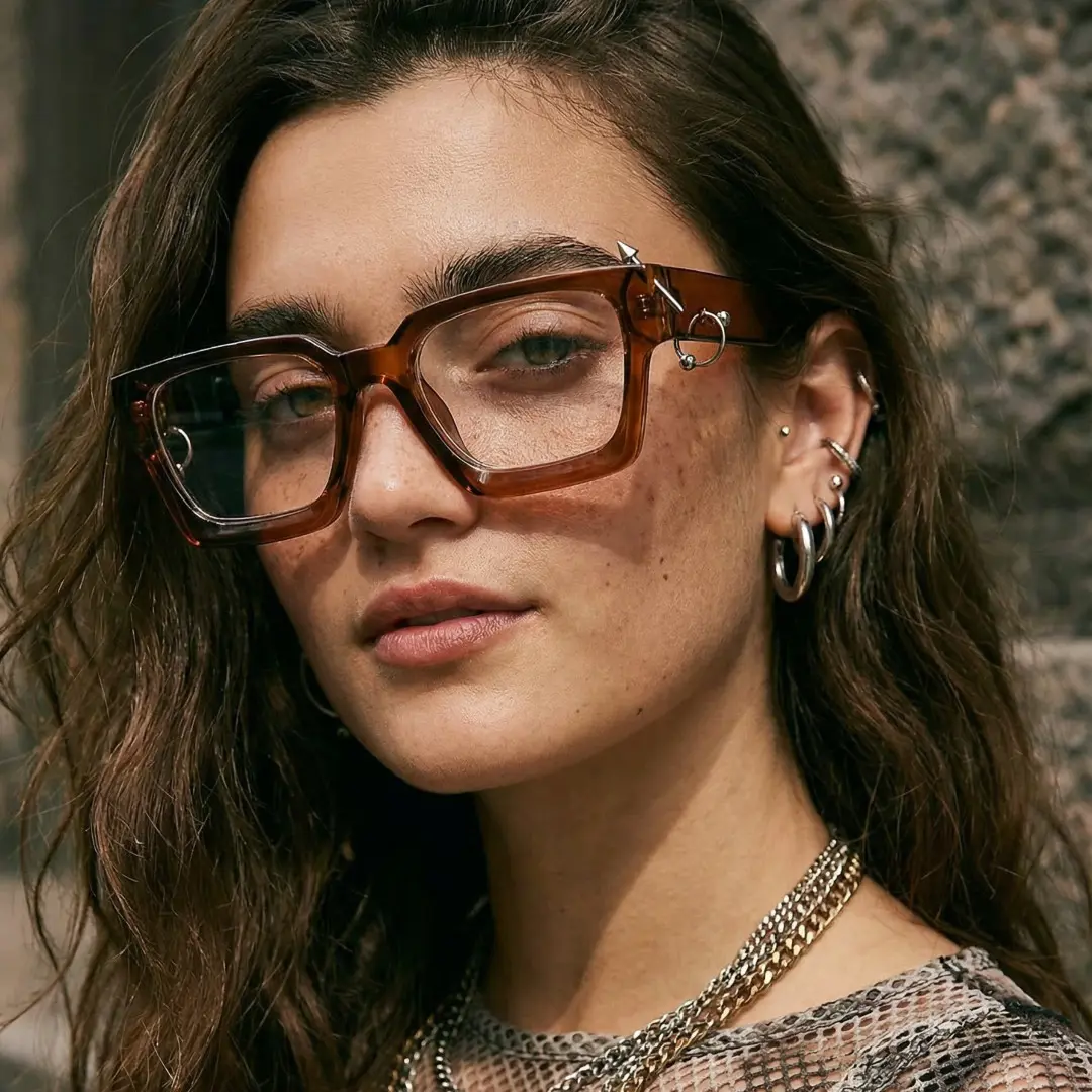 Three-quarter view of female wearing brown square handcrafted polarized eyeglasses, natural expression, SP0012511