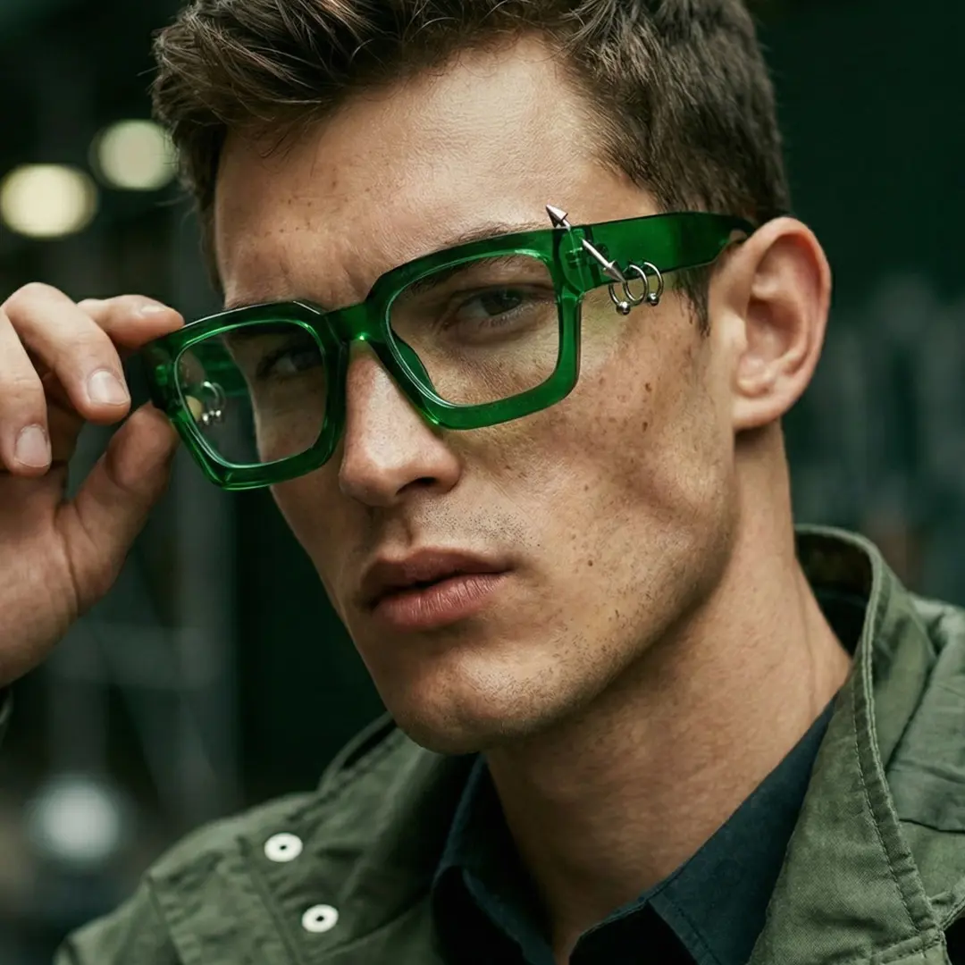 Three-quarter view of male wearing green square handcrafted polarized eyeglasses, touching frame, neutral expression, SP0012511