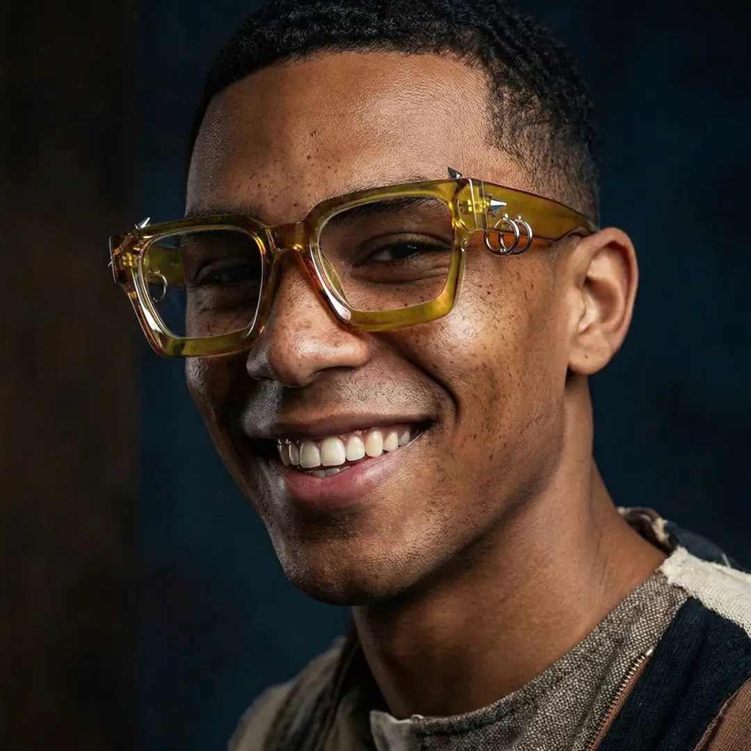 Three-quarter view of male wearing yellow square handcrafted polarized eyeglasses, big smile, SP0012511