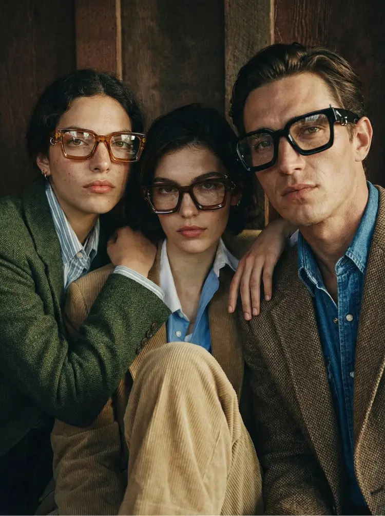 Group model wearing handcrafted black, brown, and yellow square pc handcrafted polarized eyeglasses against a vintage wooden wall background. SPU: SP0012511