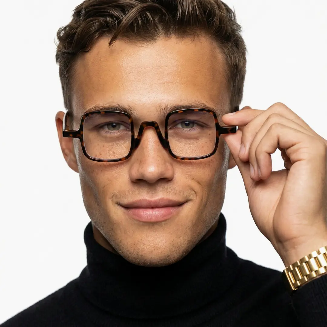 Male wearing vintage tortoise square pc eyeglasses, natural smile while touching frame. SPU: SP0022308