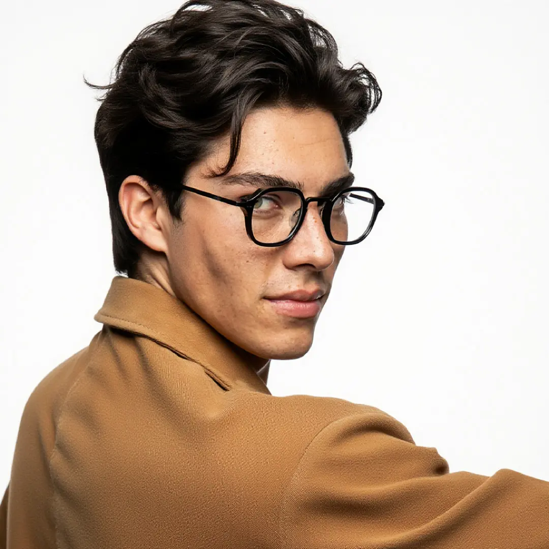 Over-the-shoulder view of male wearing black square eyeglasses, neutral expression, SP0042207