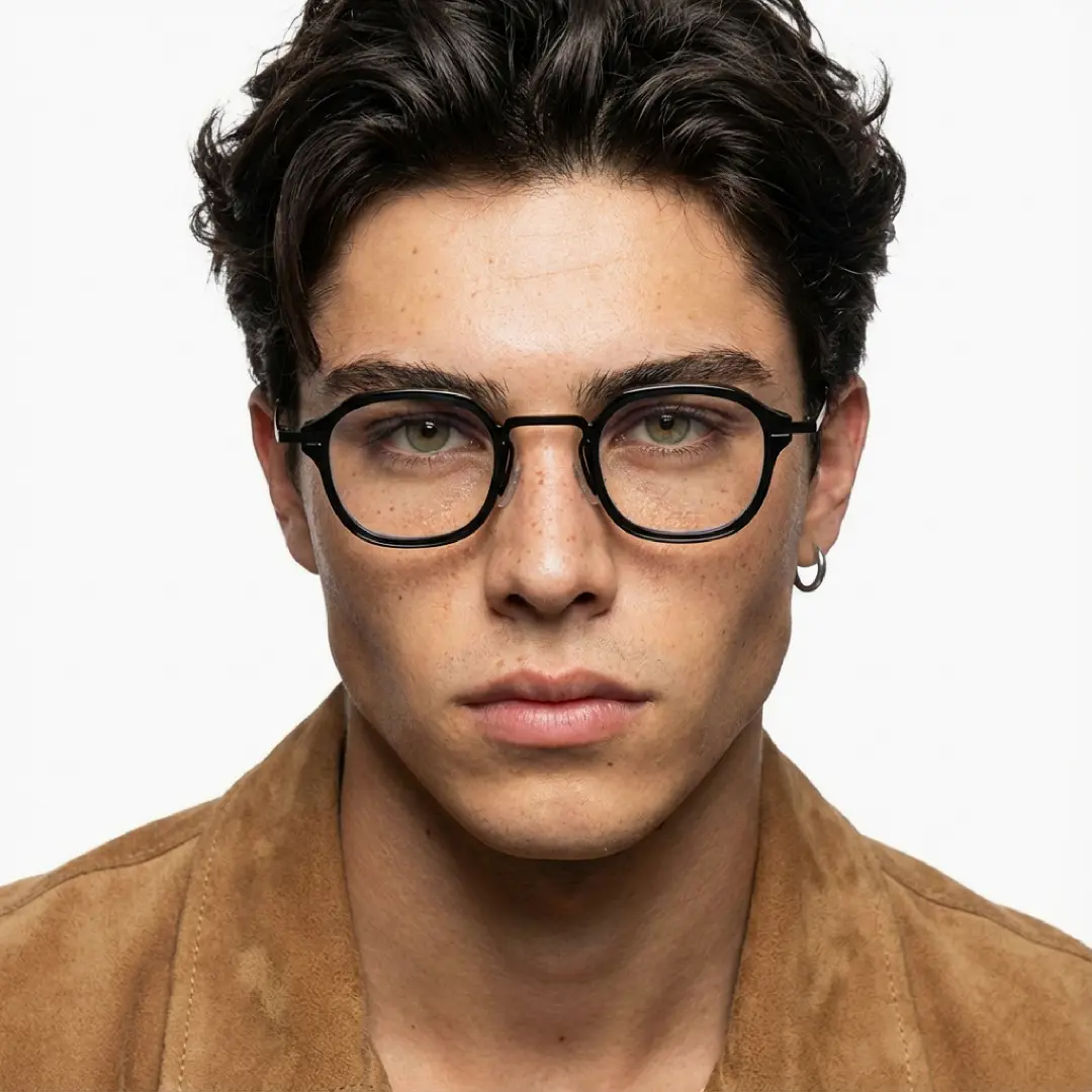 Front view of male wearing vintage black square eyeglasses, calm expression, SP0042207