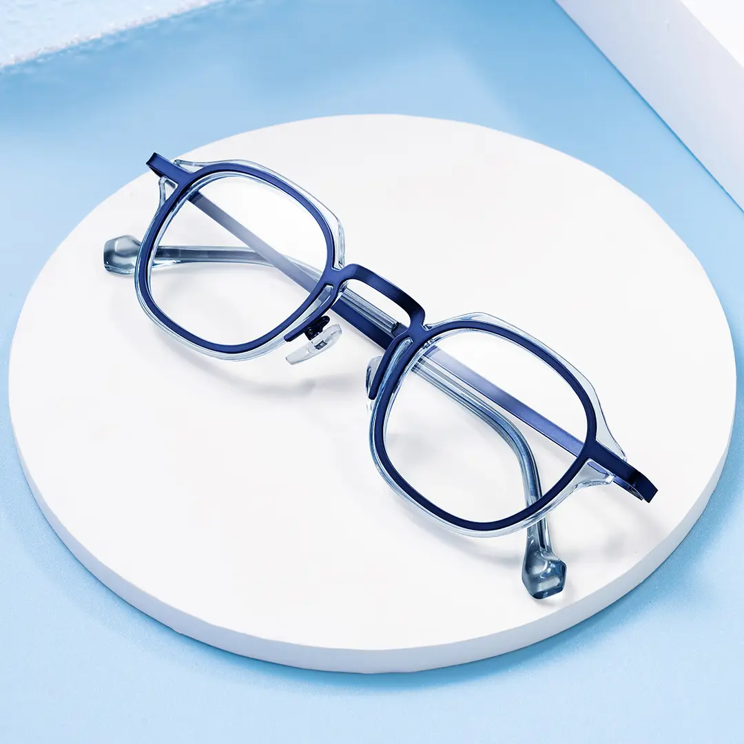Scene close-up view of Gene vintage square pc eyeglasses in blue. SPU: SP0042207