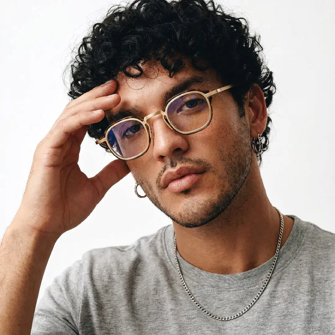 Three-quarter view of male wearing tortoise square eyeglasses, hand resting on forehead, neutral expression, SP0042207