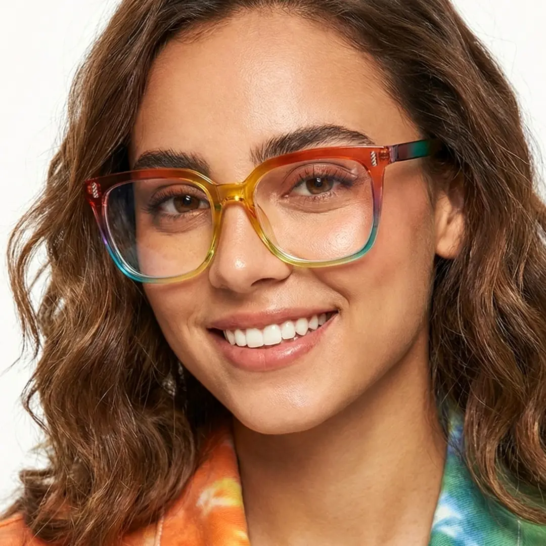 Front view of female wearing orange square eyeglasses, smiling, SP0042304