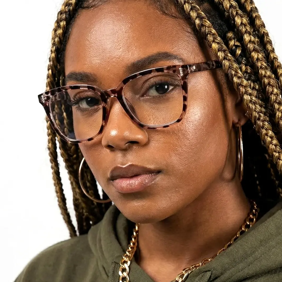 Profile view of female wearing tortoise square eyeglasses, neutral expression, SP0042304