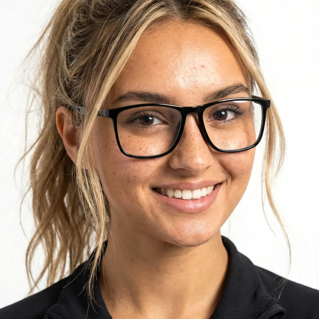 Three-quarter view of female wearing black square eyeglasses, smiling, SP0042503