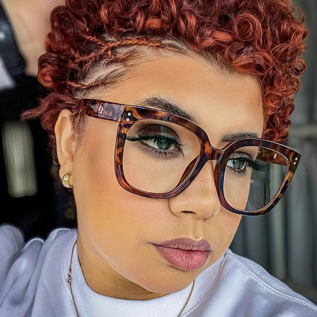 Looking away view of female wearing tortoise square eyeglasses, neutral expression, SP0062508