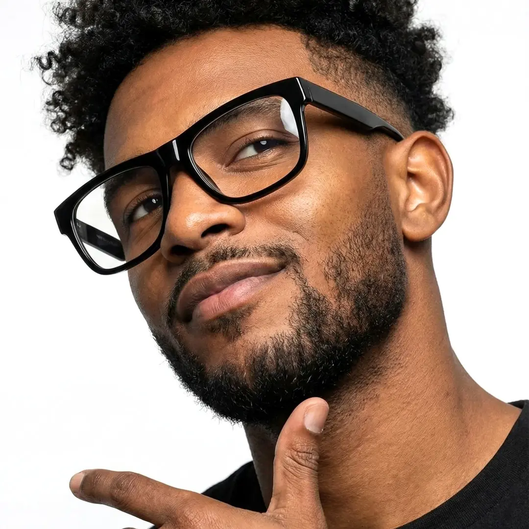 Close-up view of male wearing black rectangle eyeglasses, confident expression, SP0072209