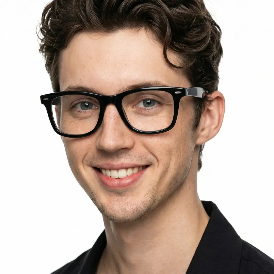 Profile view of male wearing black square eyeglasses, friendly smile, SP0112409
