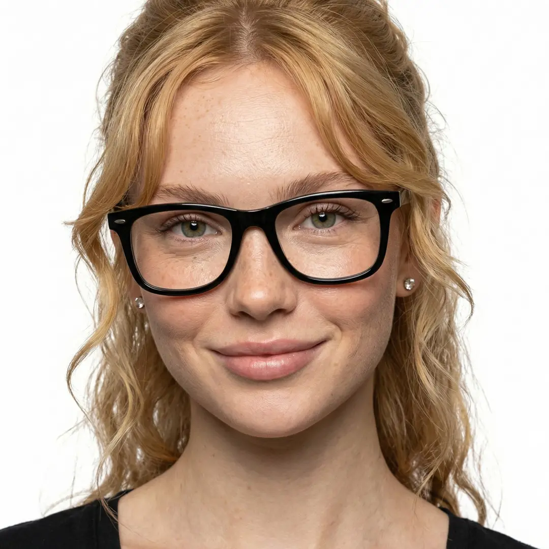 Front view of female wearing black square eyeglasses, neutral expression, SP0112409