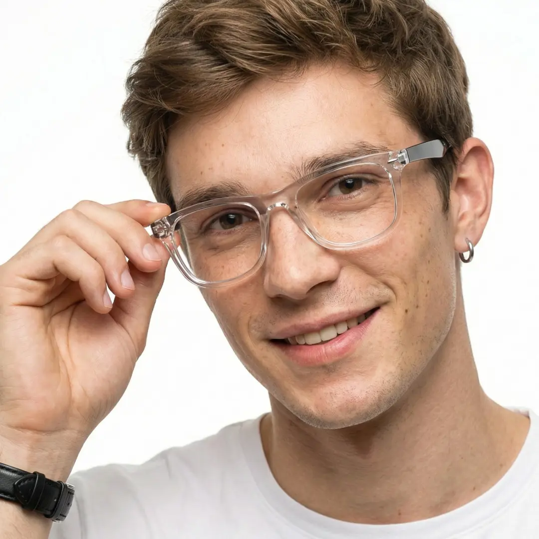 Face close-up view of male wearing clear square eyeglasses, holding glasses, smiling, SP0112409