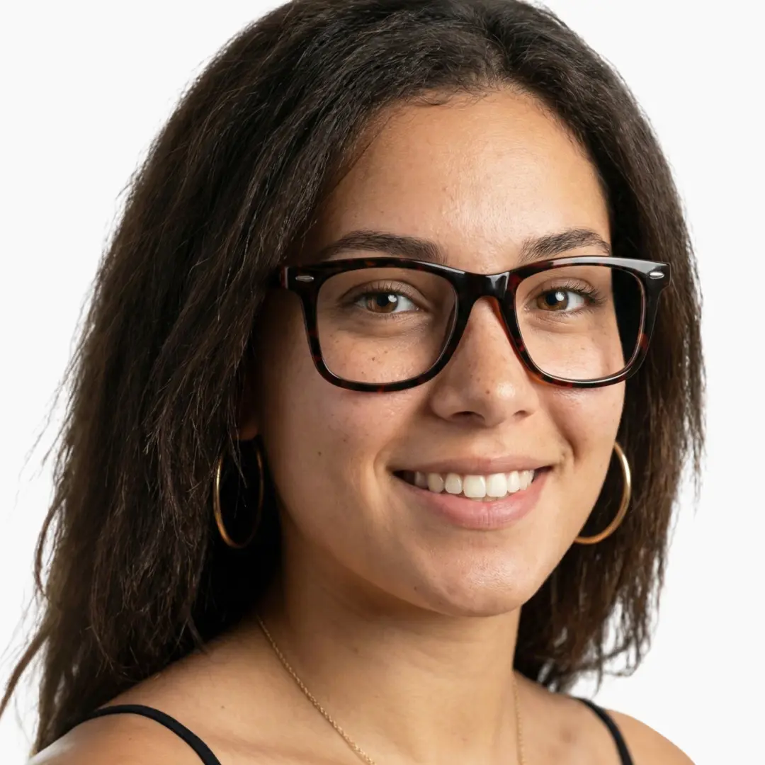 Face close-up view of female wearing tortoise square eyeglasses, natural smile, SP0112409