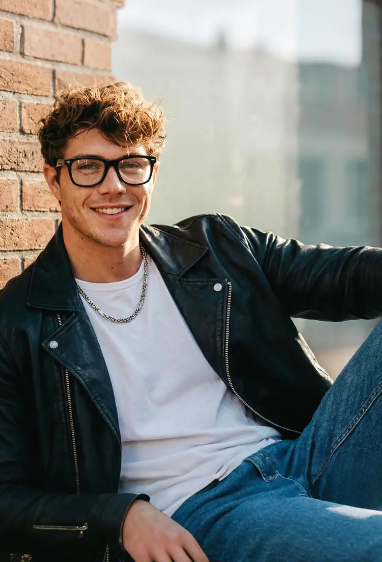 Male model wearing everyday glasses tortoise square tr90 eyeglasses at an urban rooftop. SPU: SP0112409