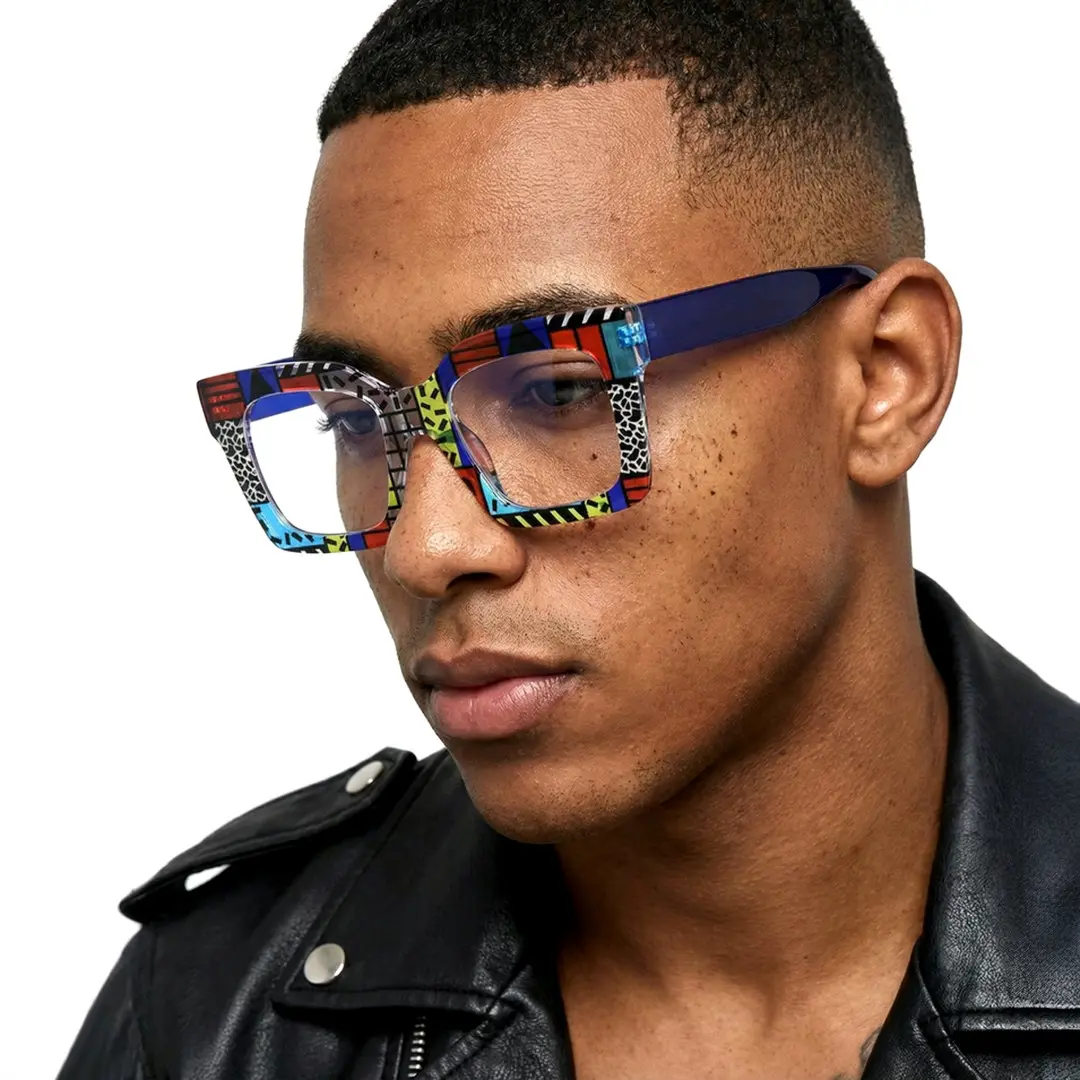 Looking away view of male wearing colorful multicolor square eyeglasses, thoughtful expression, SP0122406