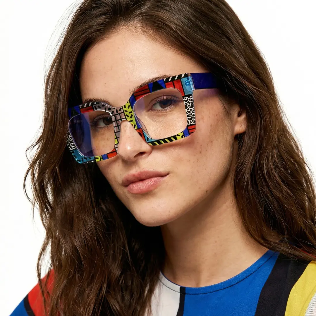 Looking away view of female wearing colorful multicolor square eyeglasses, neutral expression, SP0122406
