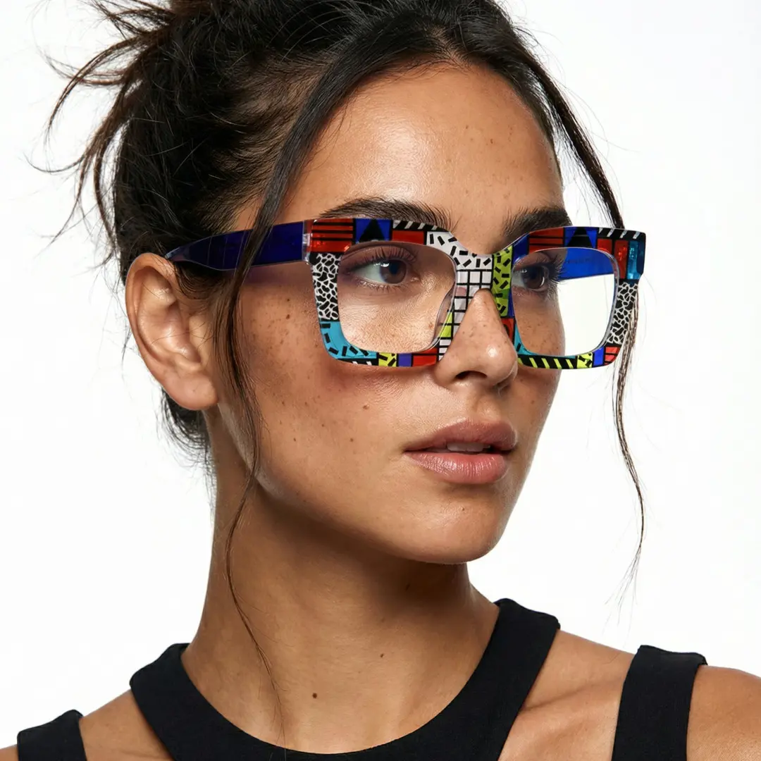 Profile view of female wearing colorful multicolor square eyeglasses, neutral expression, SP0122406