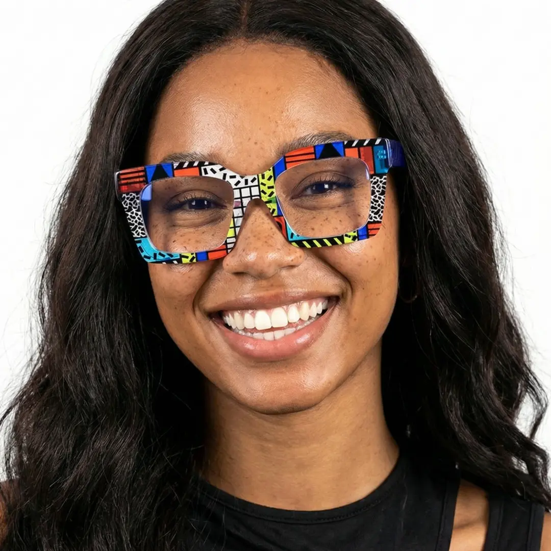 Face close-up view of female wearing multicolor square eyeglasses, big smile, SP0122406