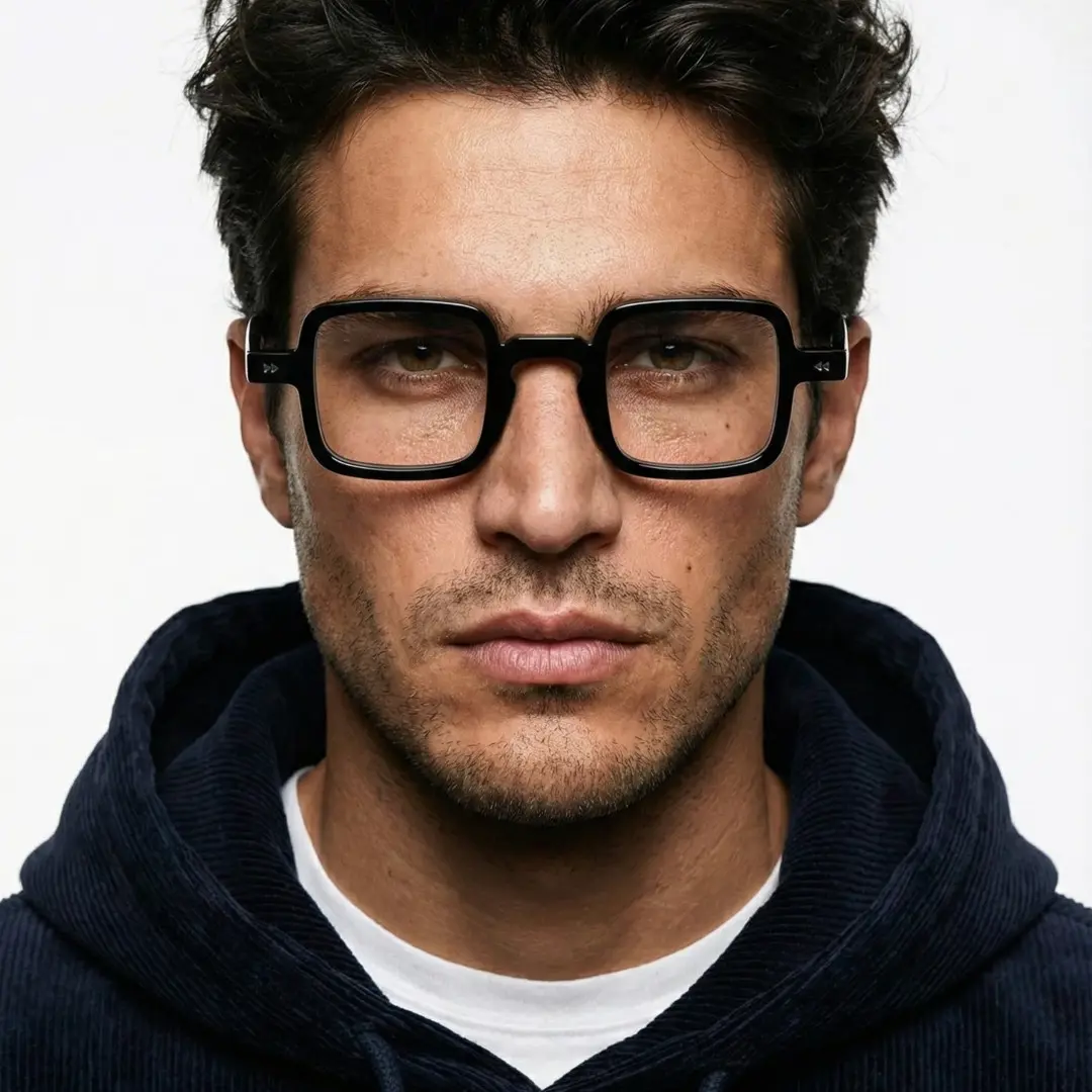 Male wearing vintage black square pc eyeglasses, calm expression. SPU: SP0352411
