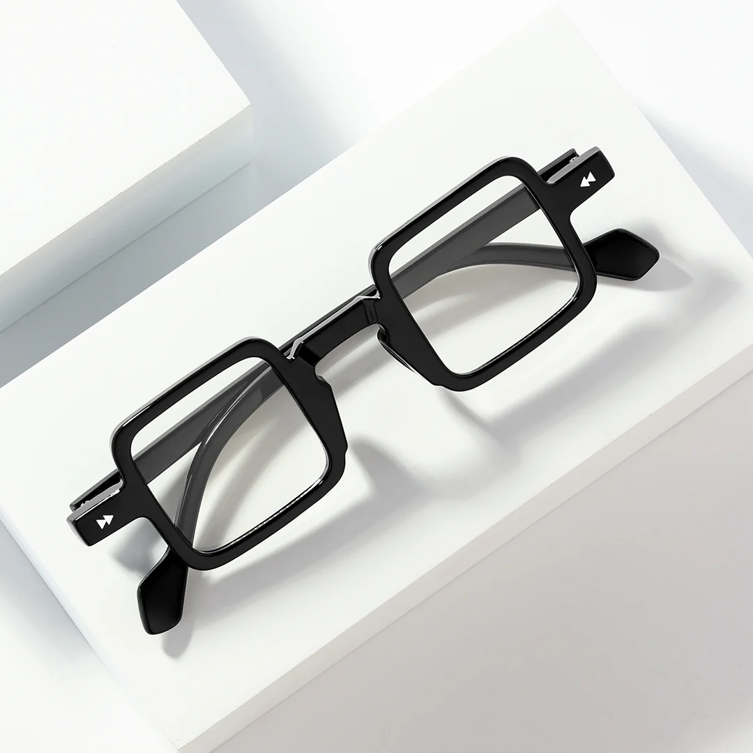 Scene close-up view of Bones vintage square pc eyeglasses in black. SPU: SP0352411