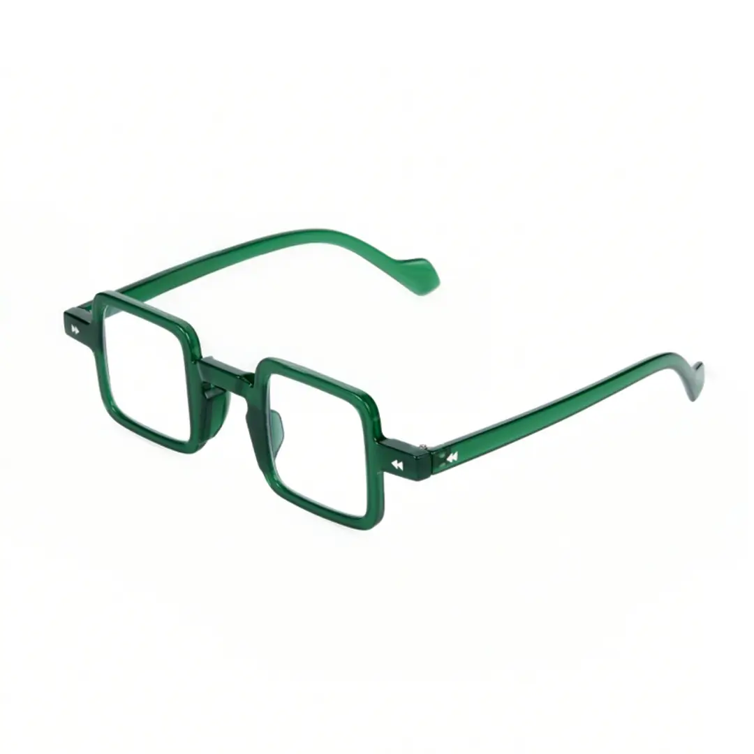Angle view of Bones vintage square pc eyeglasses in green. SPU: SP0352411