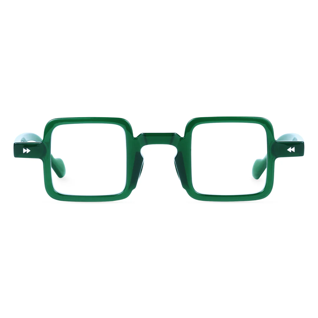 Front view of Bones vintage square pc eyeglasses in green. SPU: SP0352411