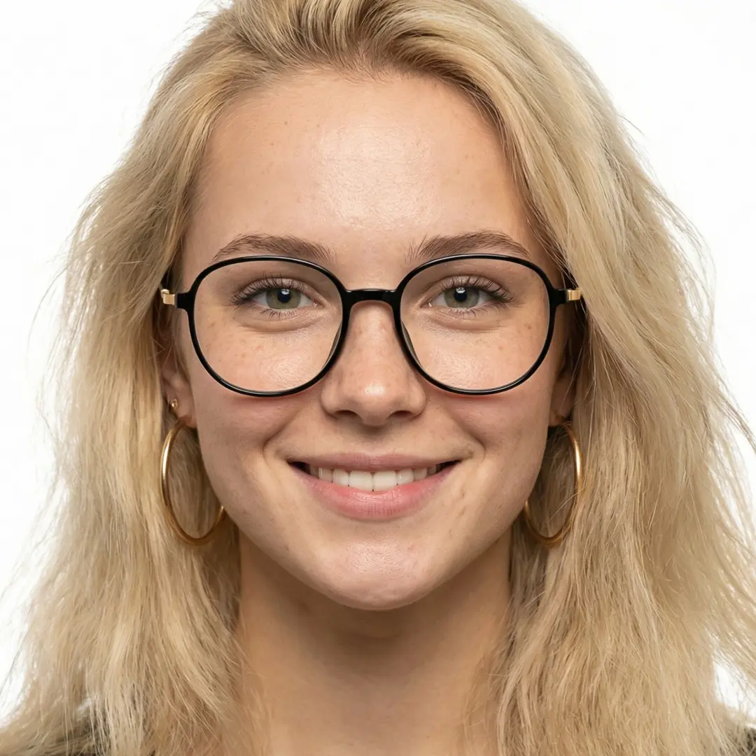 Front view of female wearing black square eyeglasses, smiling, SR0012411