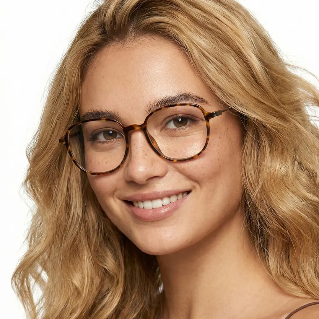 Front view of female wearing tortoise square eyeglasses, smiling, SR0012411