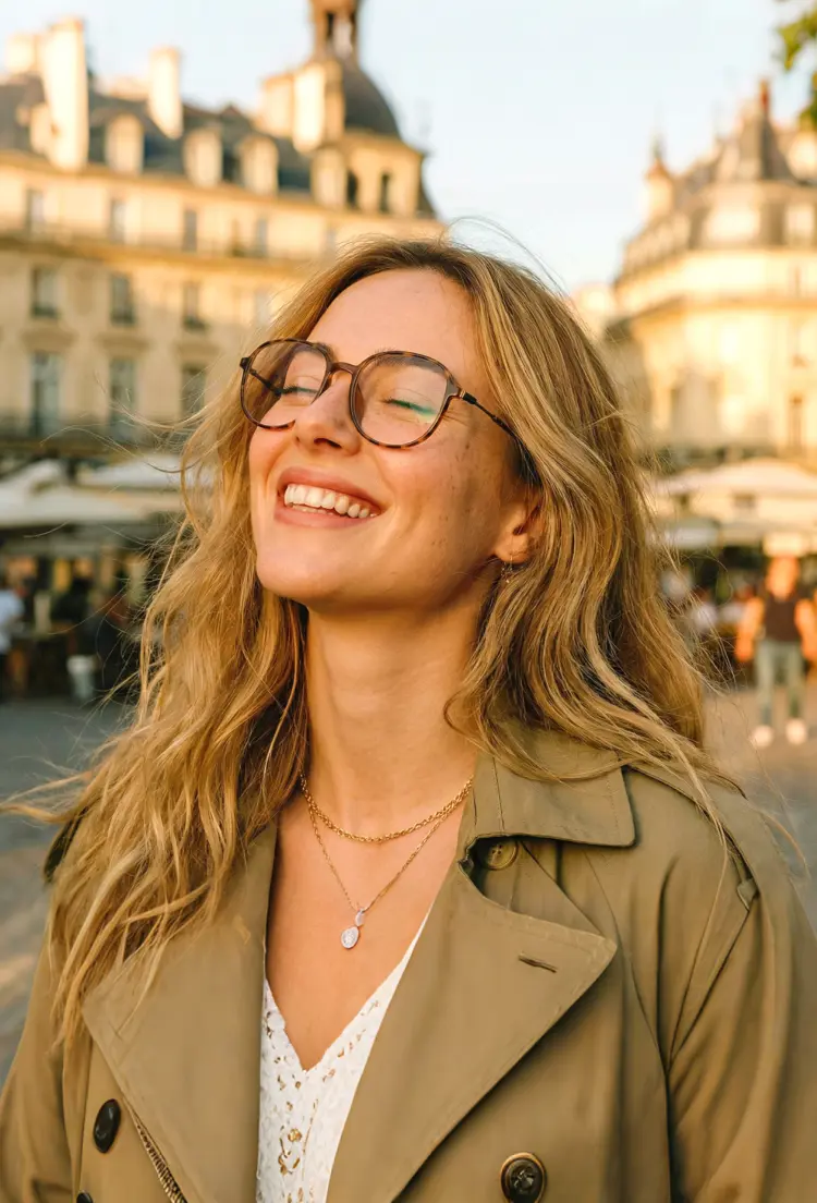 Female model wearing everyday tortoise square tr90 eyeglasses in a sunlit parisian plaza. SPU: SR0012411