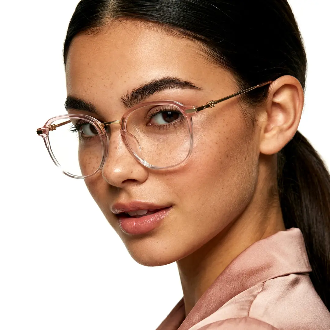 Female wearing vintage pink square tr90 eyeglasses, natural smile. SPU: SR0012502