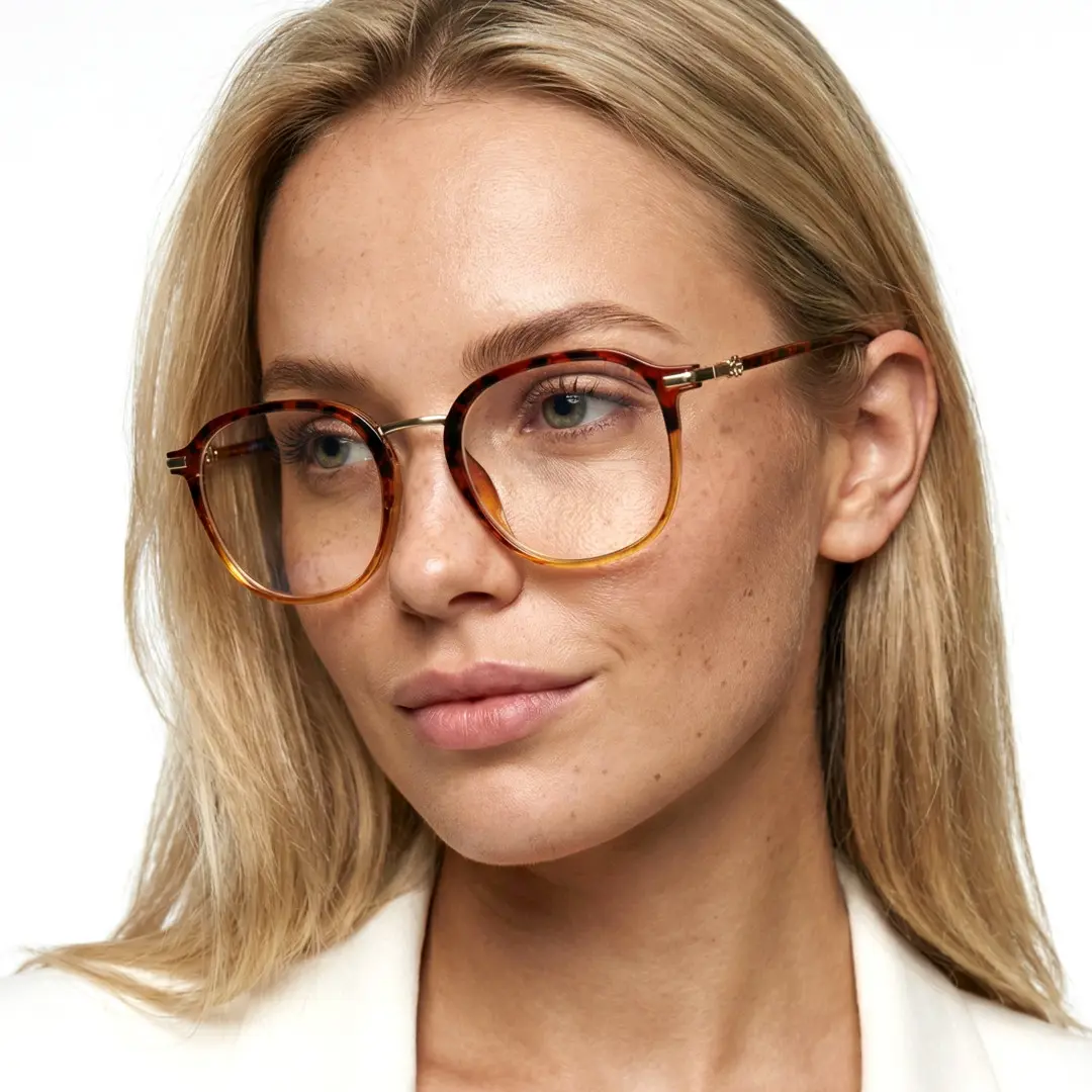 Looking away view of female wearing tortoise square eyeglasses, natural expression, SR0012502