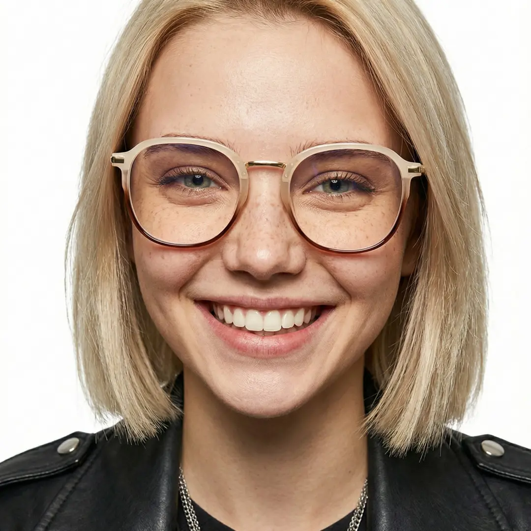 Front view of female wearing vintage two-tone square eyeglasses, smiling, SR0012502