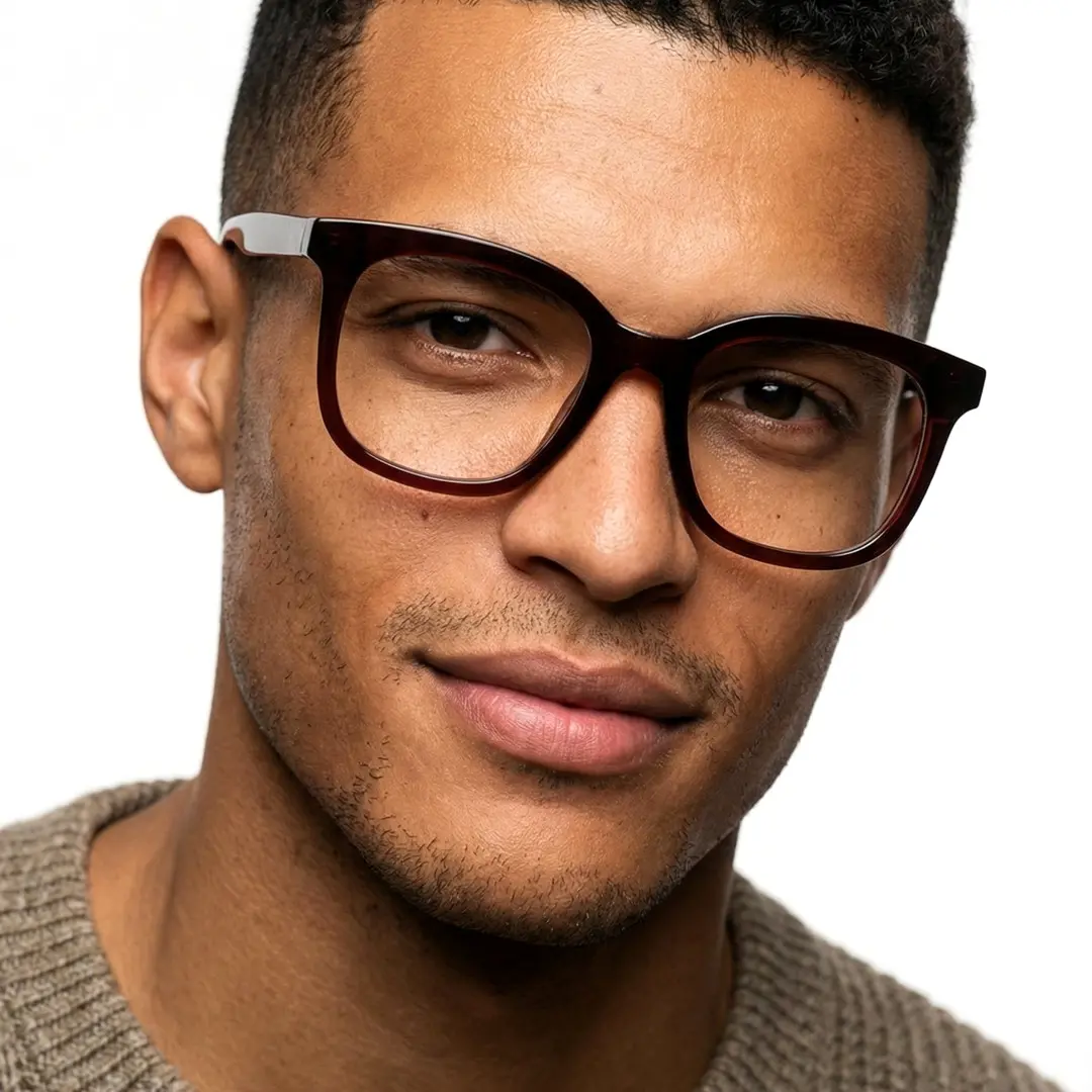 Front view of male wearing red square eyeglasses, friendly smile, SR0012510
