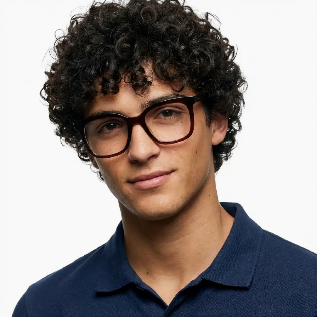 Front view of male wearing red square eyeglasses, tilting head, soft smile, SR0012510