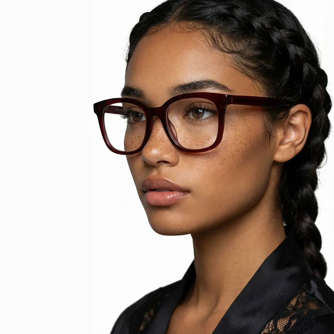 Three-quarter view of female wearing red square eyeglasses, natural expression, SR0012510
