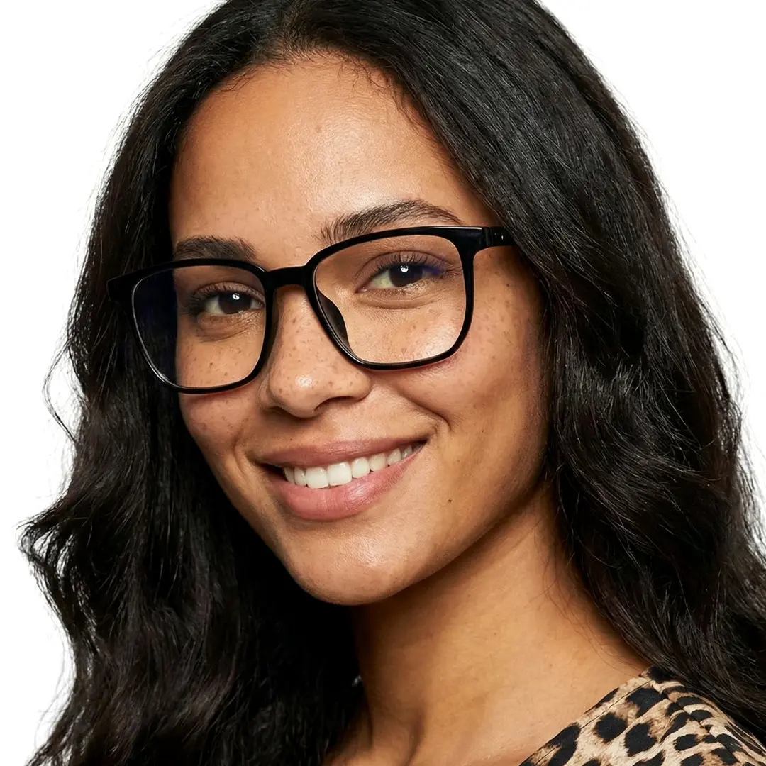 Front view of female wearing black square eyeglasses, friendly smile, SR00162508