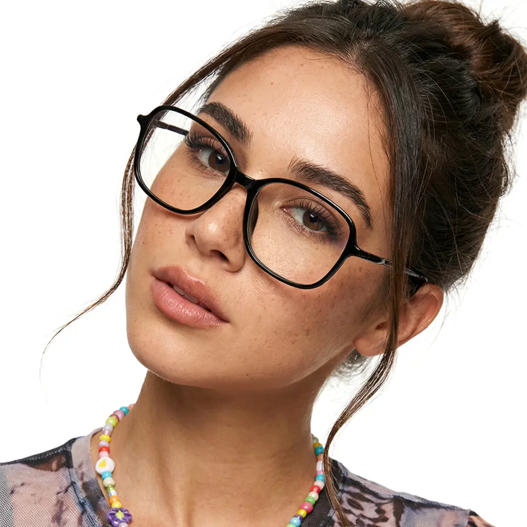 Front view of female wearing black square eyeglasses, natural expression, SR0022411