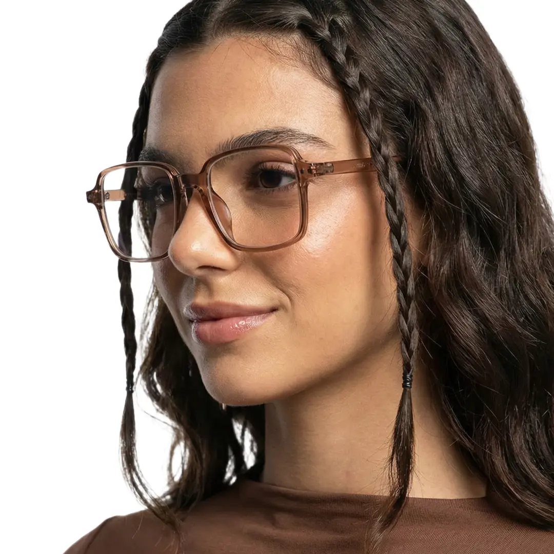 Three-quarter view of female wearing brown square eyeglasses, natural smile, SR0022508