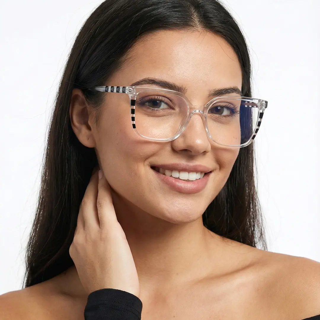 Front view of female wearing clear square eyeglasses, smiling, SR0022510