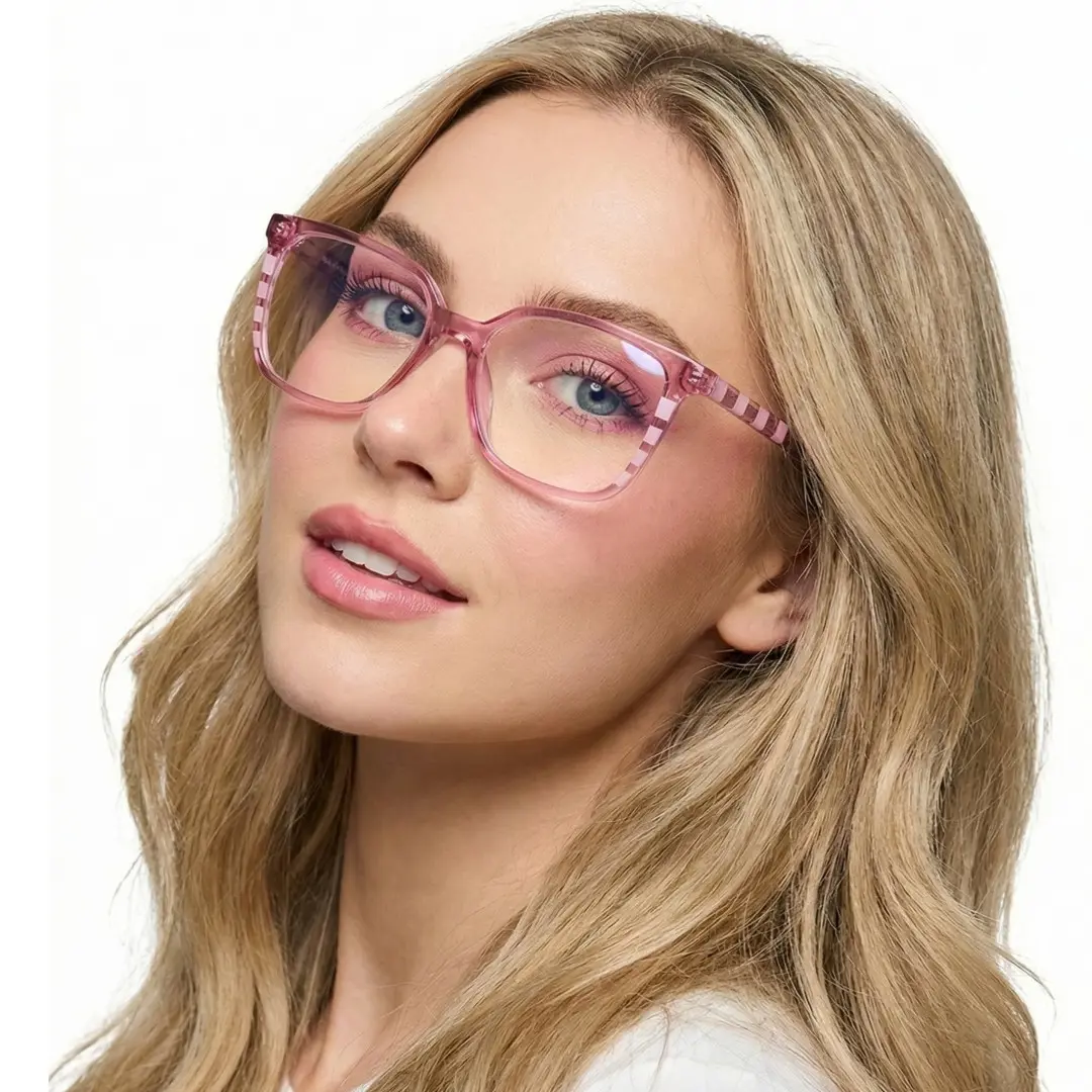Three-quarter view of female wearing pink square eyeglasses, neutral expression, SR0022510