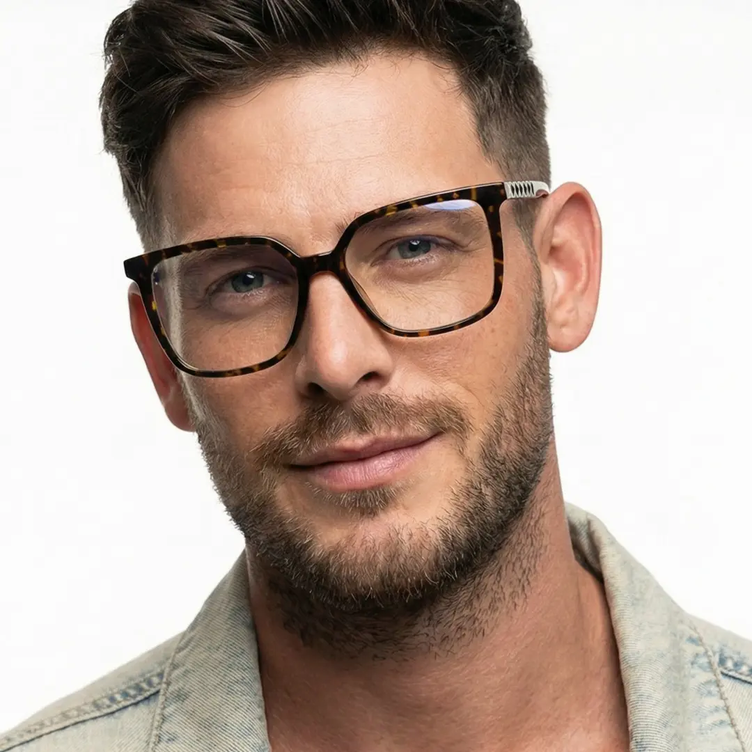 Close-up view of male wearing tortoise square eyeglasses, neutral expression, SR0022510
